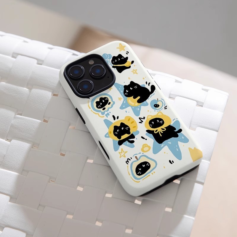 หมวกปลาน้อยน่ารักแมวดําเหมาะสําหรับ iPhone 14 15ProMax XR 13 12ProMax XSMAX 15Pro 7/8plus 16ProMax XS 12Pro 16plus 11ProMax 15plus คู่กันกระแทกโทรศัพท์มือถือป้องกันกรณี – โปรปัง