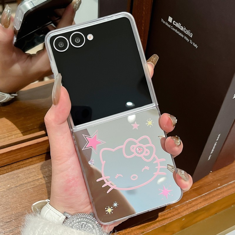 SAMSUNG สําหรับSamsung Galaxy Z Flip3 Flip4 Flip5 Flip6 Flip7 กรณีการ์ตูนHello Kitty PC Hardพลิกกระจกฝาครอบโทรศัพท์ปลอกสําหรับSamsung Galaxy Z Flip 7 FE 6 5 4 3 5G