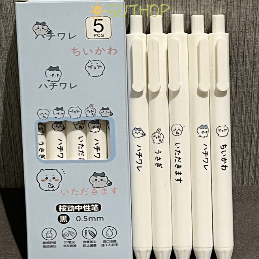 GUTHOP 5 ชิ้น/เซ็ต Chiikawa Neutral Pen, 0.5 มม.Quick Dry Gel Pen, Kawaii Black Ink Super Smooth การ์ตูนปากกาลูกลื่นเครื่องเขียนนักเรียน