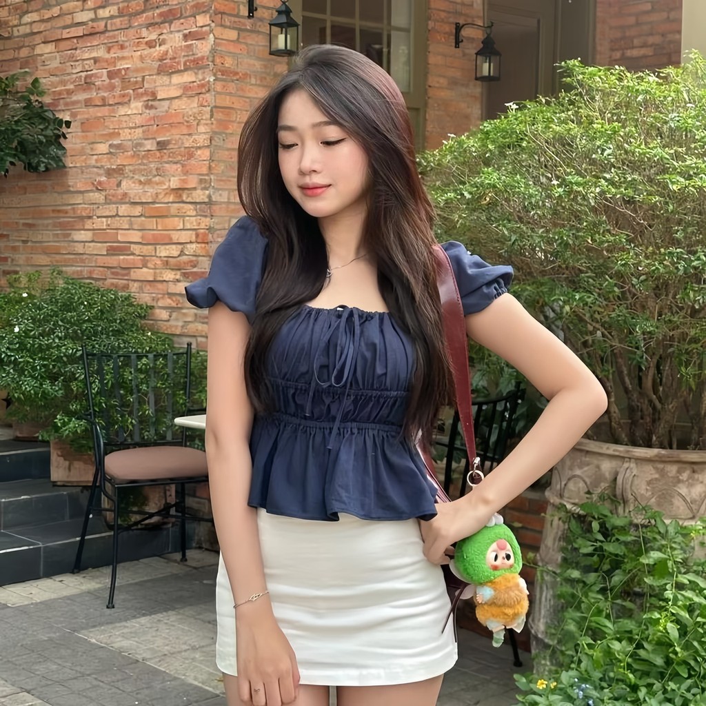 เสื้อเบบี้ดอลล์ผ้าชีฟอง ทรงพัฟแขน มีโบว์ที่อก น่ารักเหมือนเจ้าหญิง