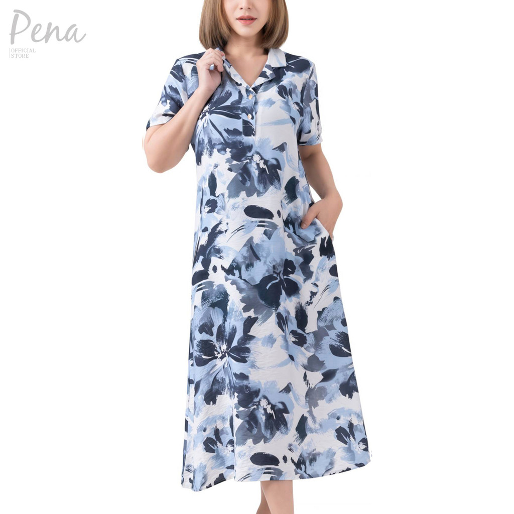 Pena House เดรสยาวทรงเอ คอปกฮาวาย แขนสั้น PODL072501