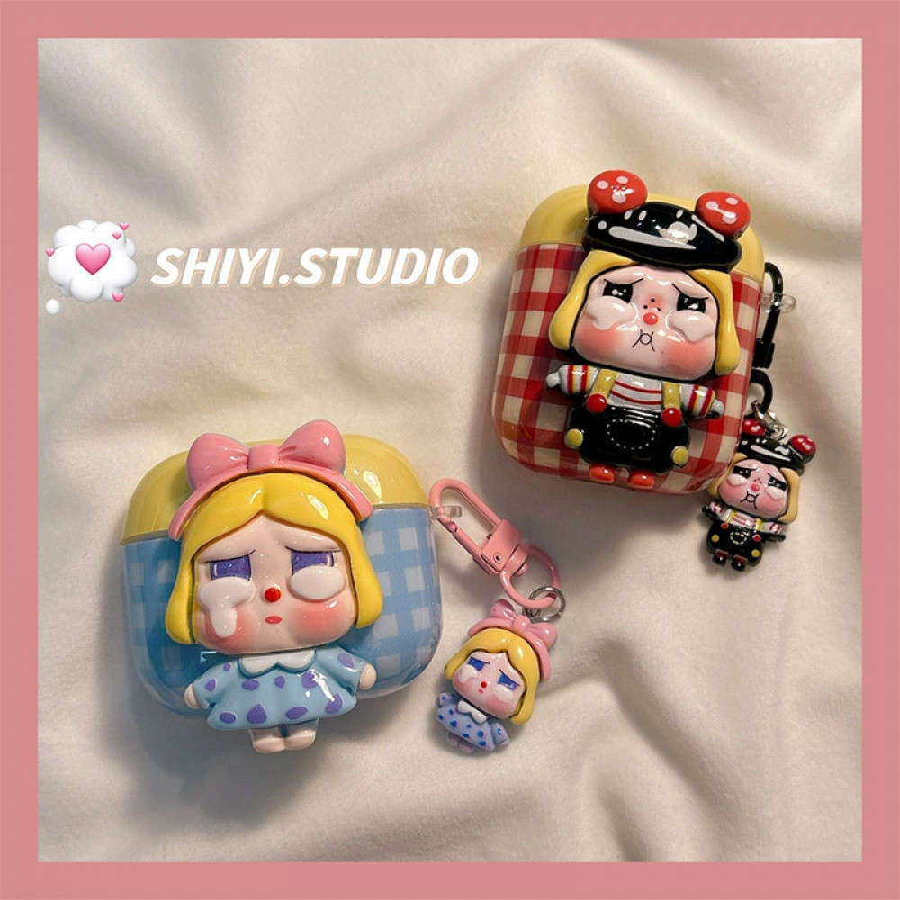 การ์ตูนน่ารัก Bowknot Crybaby ตารางขอบหยักหูฟังพร้อม Crybaby จี้สําหรับ Airpods 1 2 3 4 Pro 2 Soft TPU หูฟังไร้สายบลูทูธชุดหูฟัง Anti Drop ฝาครอบป้องกัน