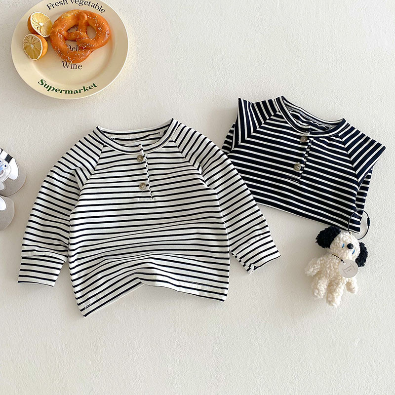 เสื้อยืดแขนยาวลายทางแบบคอลูกเรือสำหรับเด็ก เหมาะสำหรับเด็กผู้ชายและเด็กผู้หญิง อินเทรนด์ในฤดูใบไม้ผลิและฤดูใบไม้ร่วง