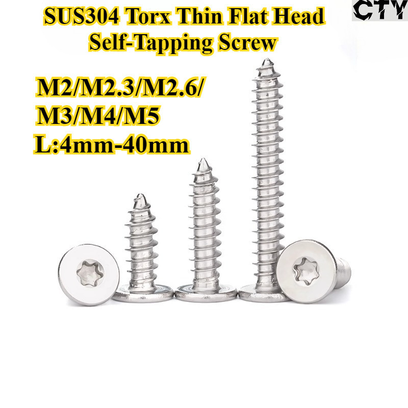[CTY-MHLS] SUS304, Torx Thin Flat Head Self-Tpping Screw, M2/M2.6/M3/M4/M5, สกรูหัวแบนป้องกันการโจรก