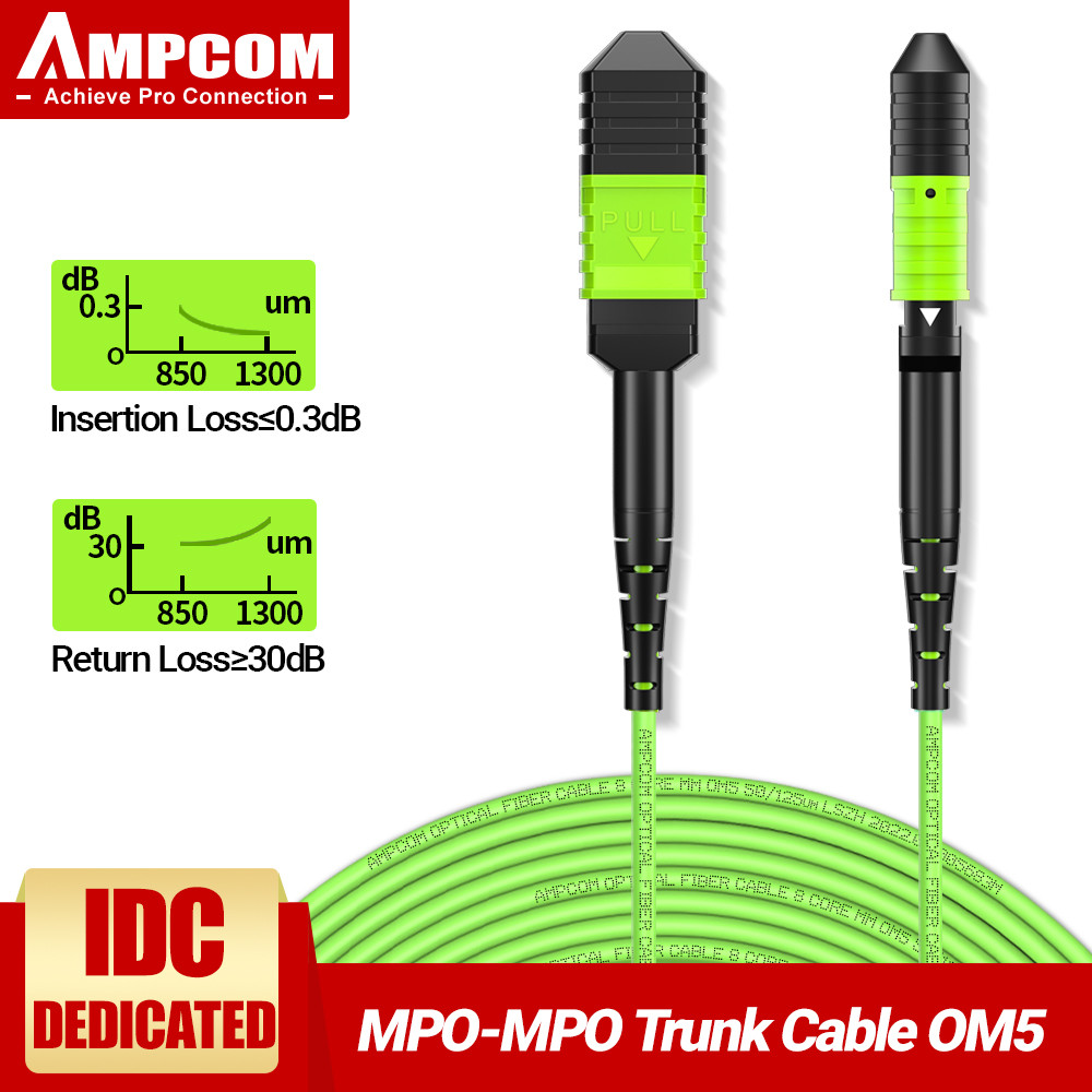 AMPCOM OM5 MPO-MPO/MPO-LC/MPO-FC Type B Fiber Patch Cord 8/12/24 Core Trunk Cable สําหรับ 40G/100G Q