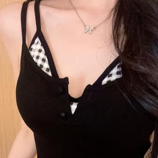 YY113 สายเดี่ยวเเขนสั้นปักอักษรใส่ซ้อนกัน มีฟองน้ำทรงสวยตกเเต่งกระดุม น่ารักสดใส เกาหลี ราคาถูก