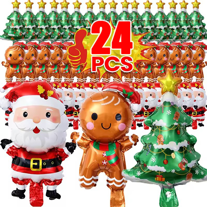 ลูกโป่งคริสต์มาส 6/12/24 ชิ้น / ต้นคริสต์มาสคนขนมปังขิงซานตาลูกโป่งอลูมิเนียมฟอยล์