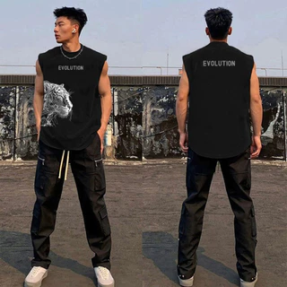 Y-T🐻เสื้อยืดชาย เสื้อกล้าม แขนกุด สวมใส่สบาย ผ้าฝ้าย100% คุณภาพสูง ลาย "EVOLUTION" ไม่ต้องรีดผ้า สไตล์ลำลอง