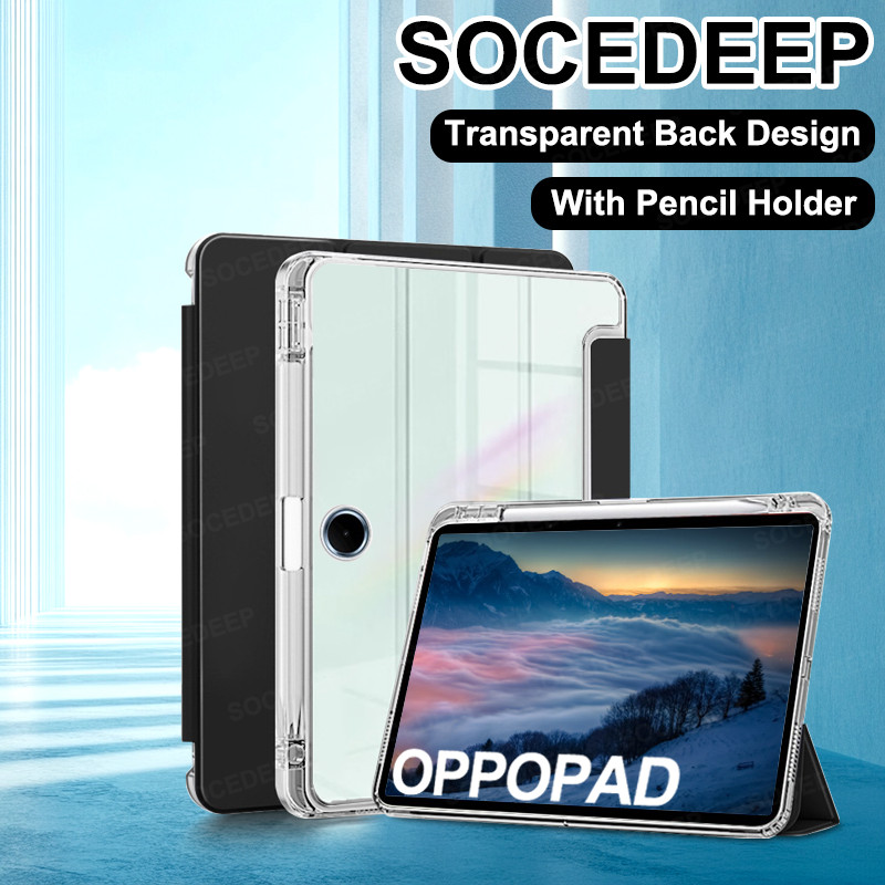 Socedeep สําหรับ OPPO Pad SE 11 นิ้ว 2025 ปลอกที่ใส่ดินสอหนังนุ่มกลับพับขาตั้งโปร่งใสด้านหลังกันกระแทกแท็บเล็ตฝาครอบชุดสําหรับ OPPOPad SE 11