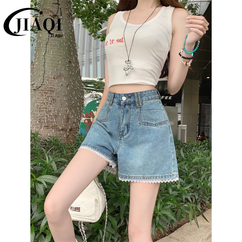 JIAQI✅กางเกงขาสั้นยีนส์เอวสูงสำหรับผู้หญิง👖ขอบลูกไม้ระบาย💫ผ้ายีนส์เนื้อนุ่ม🍒สวยมาก🎀สาวๆควรมี✨ทำให้ดูสูงและผอมมาก❤ S-5XL - รูปที่ 5