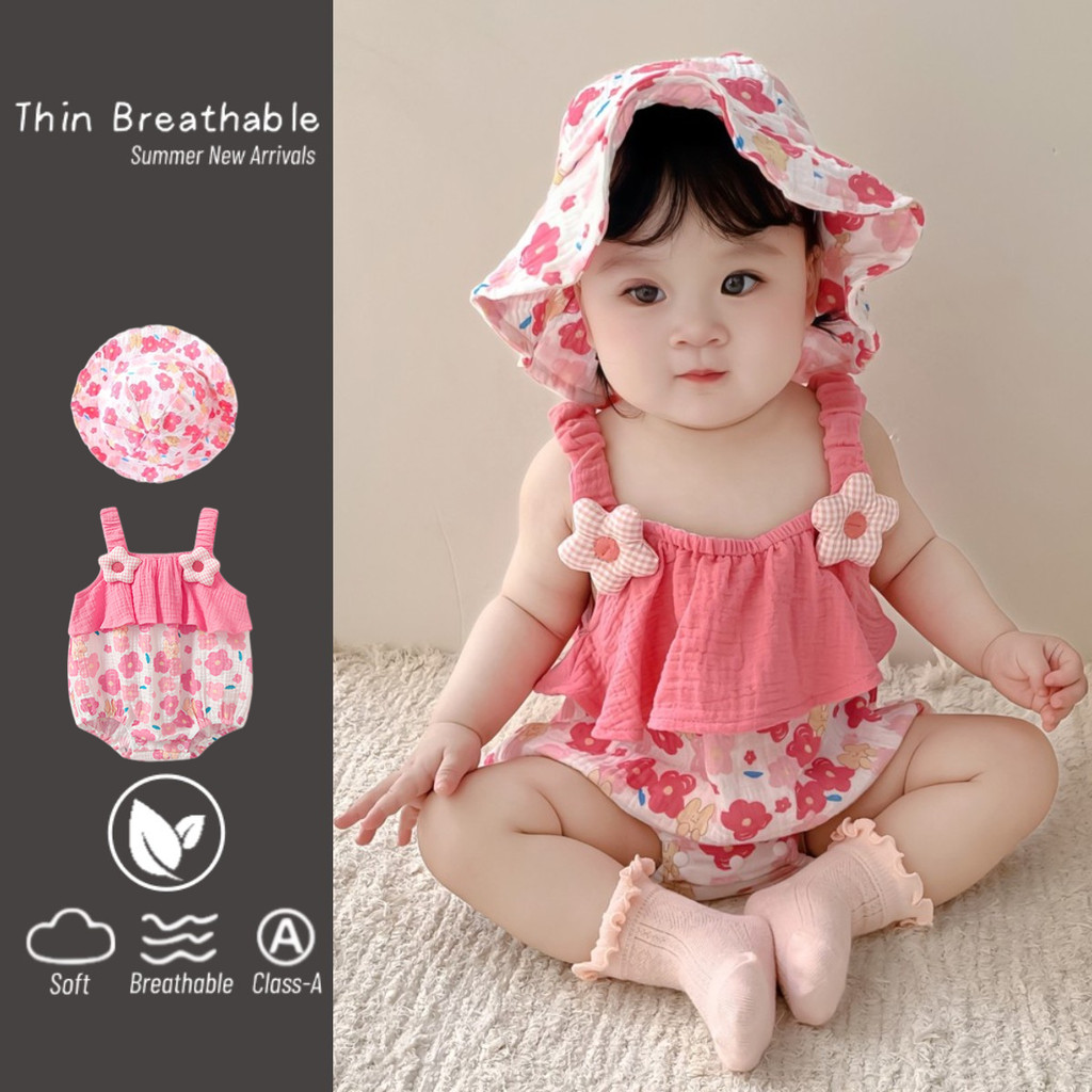 ชุดบอดี้สูท รอมเปอร์ จัมพ์สูท ลายดอกไม้ สีชมพู พร้อมหมวก แฟชั่นฤดูร้อน สําหรับเด็กผู้หญิง 0-18 เดือน