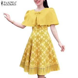 ZANZEA ชุดเดรสพิมพ์ลายสวยงาม คอทรงโอ สำหรับผู้หญิง