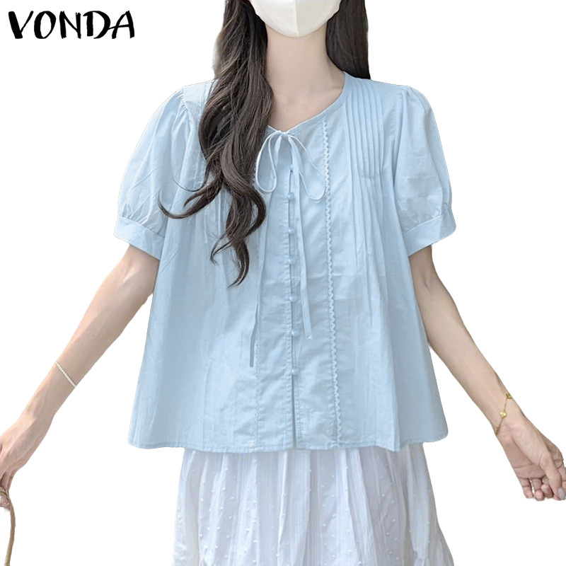 VONDA เสื้อผ้าสไตล์เกาหลีสำหรับผู้หญิง ดีไซน์หวานหรูกับกระดุมและเลซ พองแขนและ pleats