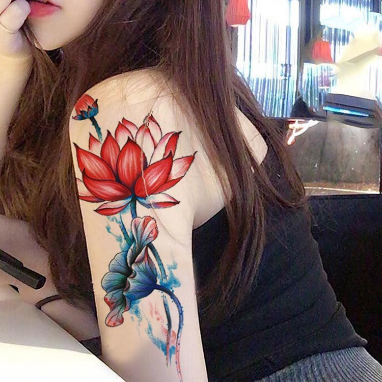 现货现发辣妹纹身睡莲持久性感遮疤莲花防水花臂女款锁骨手臂腿荷花贴纸Spice Girl Tattoo Water Lasting Sexy Scar Cover Lotusluzukun094th20