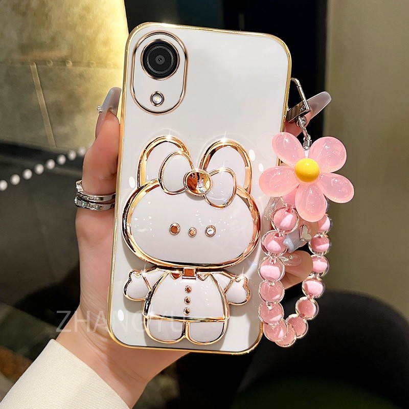 ปลอก OPPO A17K เคสโทรศัพท์ TPU 3D กระต่ายขาตั้งสเตอริโอ Ultra Thin Electroplated Soft Case เคสป้องกันการกระแทกพร้อมสร้อยข้อมือ - รูปที่ 3