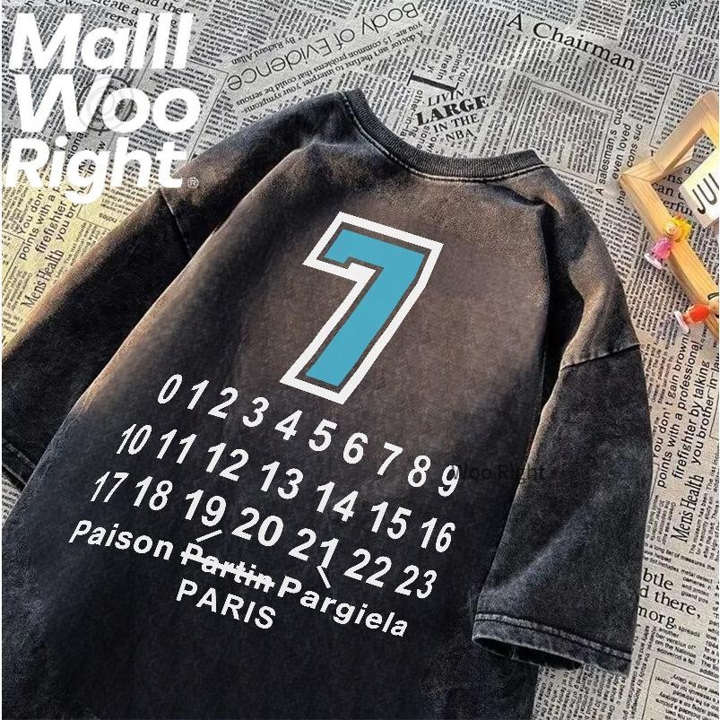 (จัดส่งตลอด 24 ชั่วโมง)Woo Right เสื้อเชิ้ตแขนสั้นทรงหลวมย้อนยุค Lucky Number Seven