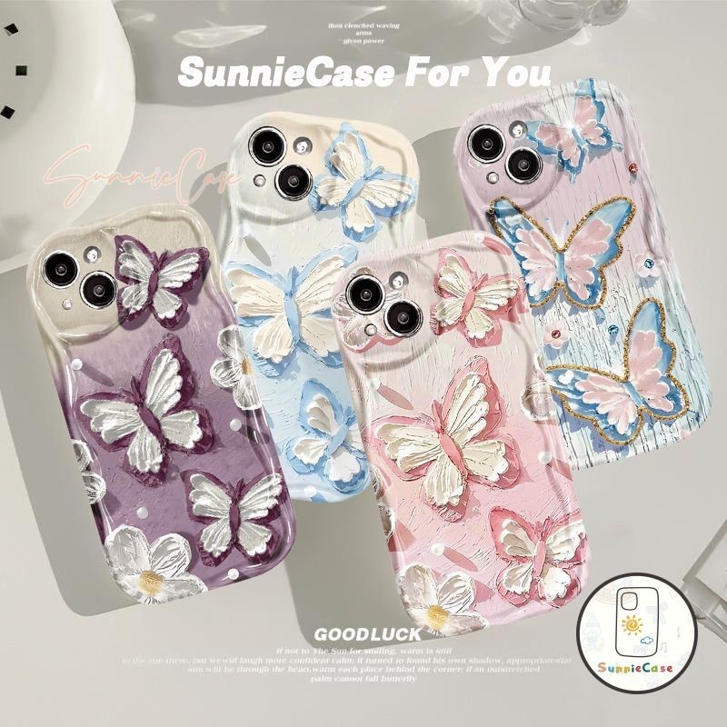 สร้างสรรค์ เคส iPhone XR XS X MAX 7 8 Plus 12 11 13 14 15 Pro Max SE2020 วินเทจสีน้ำมันผีเสื้อภาพวาดสามมิติ เคสไอโฟน