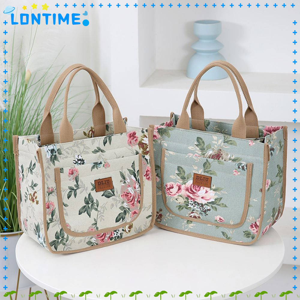 Lontime กระเป๋าใส่ข้าวกลางวันพิมพ์ลายดอกไม้กระเป๋าฉนวนกันความร้อนแบบหนาแฟชั่นกระเป๋าถือกันน้ําแบบพกพาความจุขนาดใหญ่