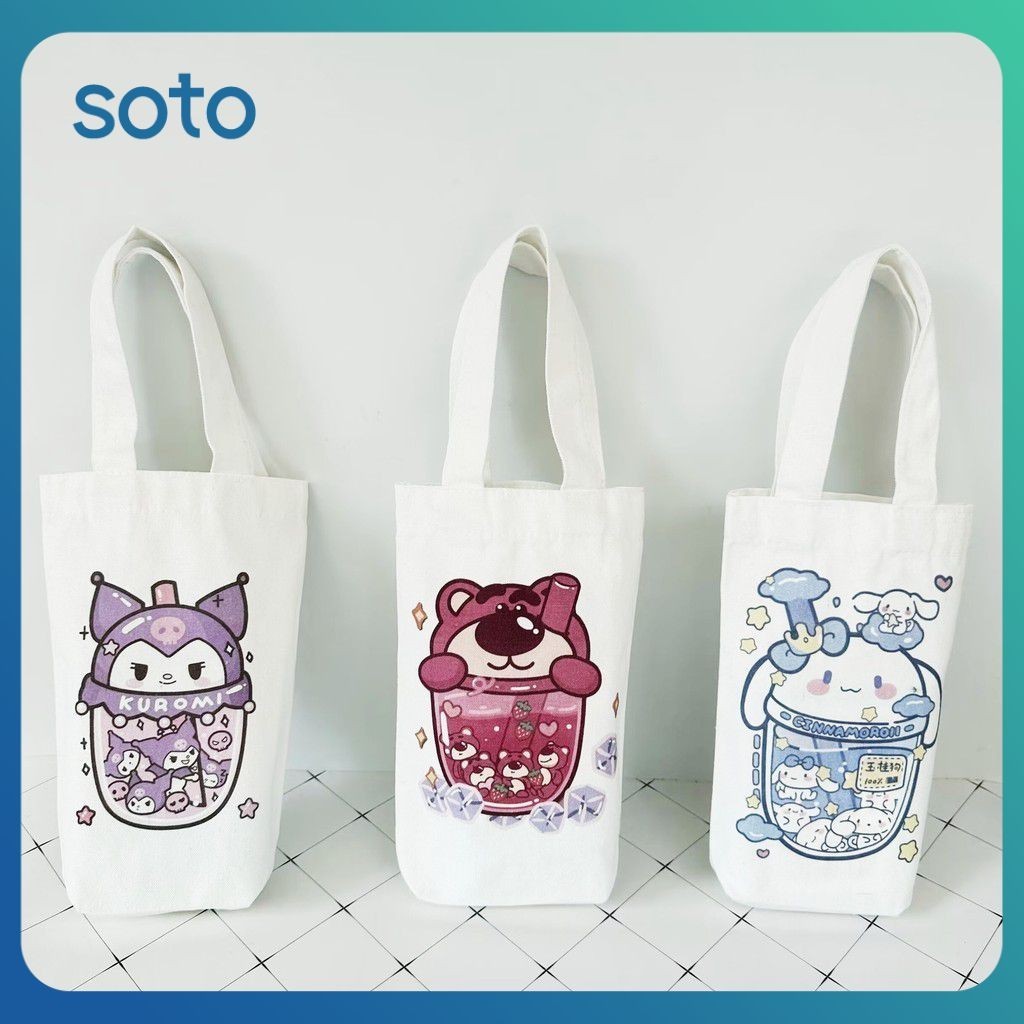 ♫ ถุงผ้าแคนวาสแก้วน้ำแบบพกพา Sanrio Universal กระติกน้ำร้อนคัพที่เก็บของฝาปิดความจุขนาดใหญ่ทนทานสำหรับการออกไปข้างนอกกระเป๋าร่ม