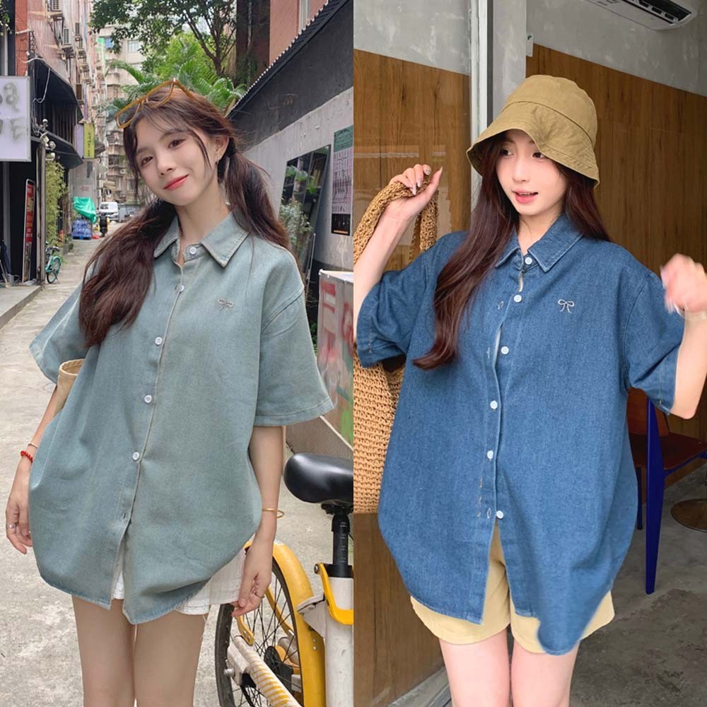 Suxi ย้อนยุคโบว์เย็บปักถักร้อยใหม่สบายๆหลวมและเรียบง่ายปกแขนสั้นเสื้อผู้หญิงเสื้อด้านบน 240713