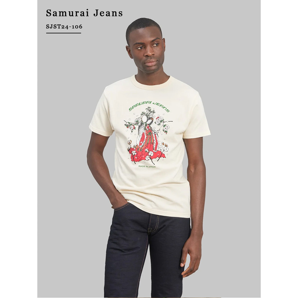 SAMURAI JEANS Retro พิมพ์รอบคอแขนสั้นผู้ชายผู้หญิง All-Match เสื้อยืด