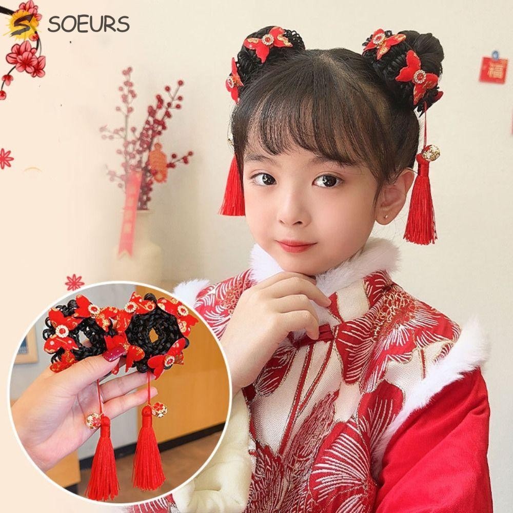 Soeurs โบว์วิกผม Braid เชือกผม, พู่สีแดงเด็ก Hanfu แหวนผม, ดอกไม้เรียบง่ายผ้าผู้ถือผมหางม้าตรุษจีน Headwear เด็ก