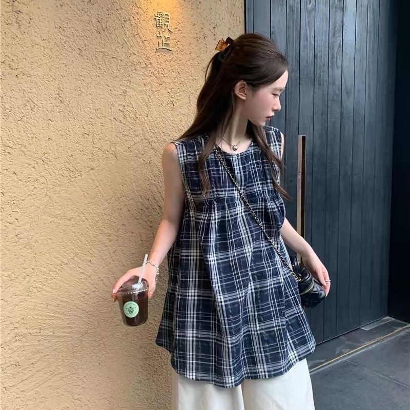 ญี่ปุ่นย้อนยุคการออกแบบตรวจสอบเสื้อคอกลมผู้หญิงฤดูร้อนสไตล์ใหม่ที่เรียบง่ายทุกการแข่งขันหลวมแขนกุดสบายๆทารกเสื้อด้านบนเสื้อผ้าผู