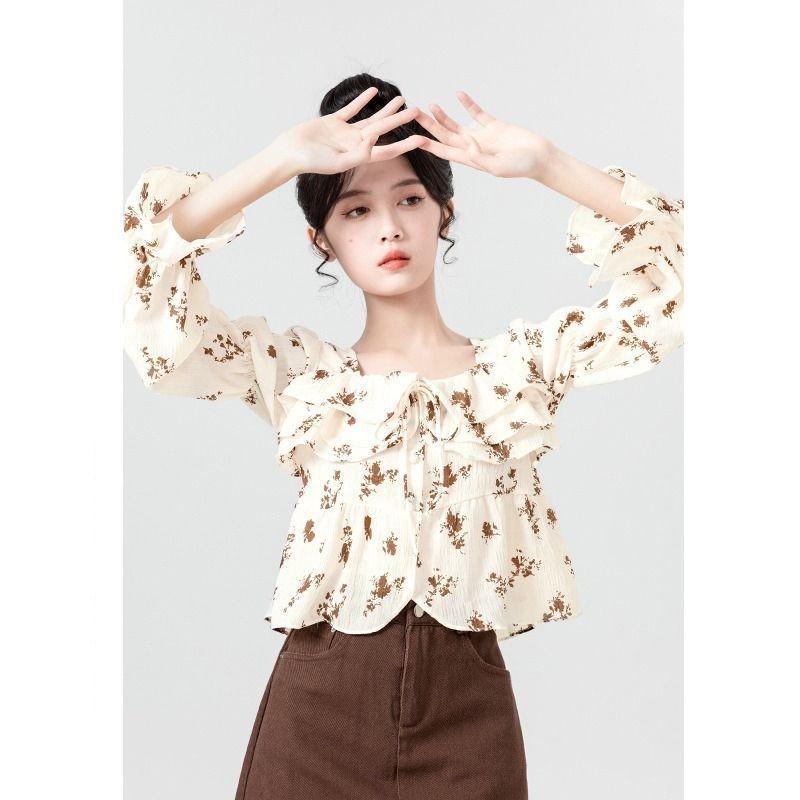 Bee เวอร์ชั่นเกาหลีเสื้อใหม่สั้นสี่เหลี่ยมคอฟองแขนด้านบน(จัดส่ง 24 ชั่วโมง)