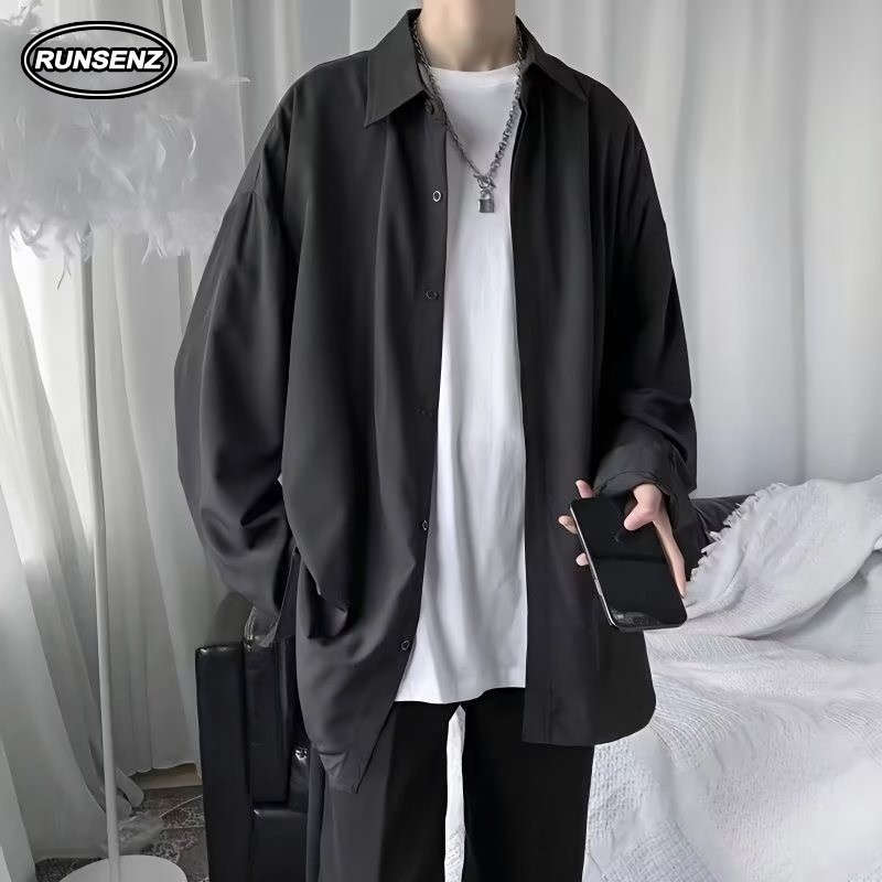 ส-8เอ็กแอล เสื้อเชิ้ตสีพื้นสไตล์เกาหลีผู้ชายเรียบง่ายธุรกิจลําลองหลวมขนาดบวกเสื้อเชิ้ตแขนยาว