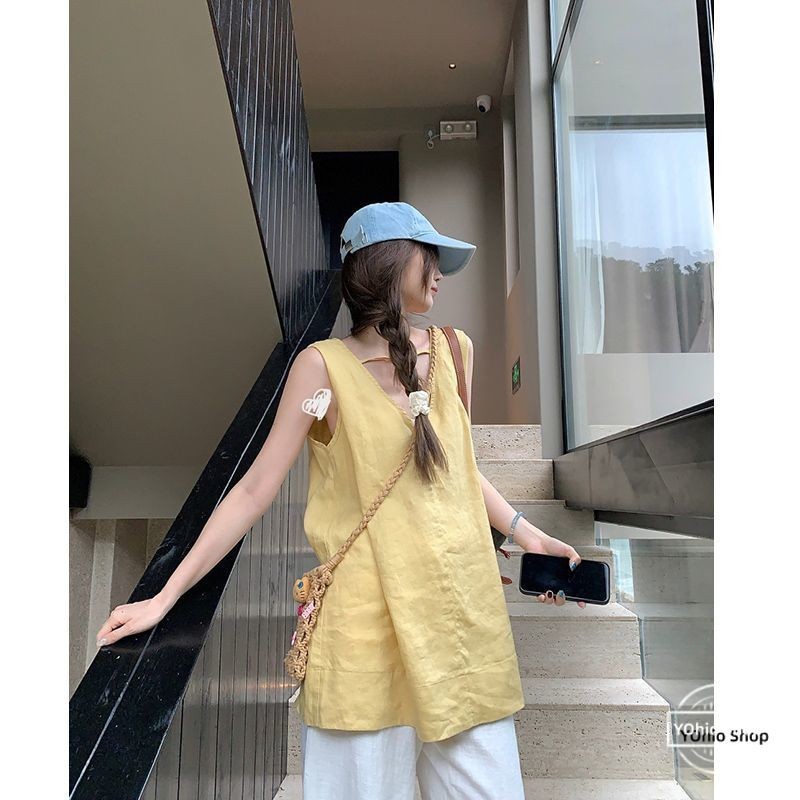 เสื้อกั๊กผ้าลินินแขนกุดคอวีทรงหลวมสําหรับฤดูร้อนสําหรับผู้หญิง