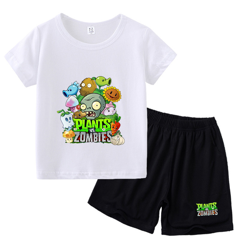 2 ชิ้น Plants vs Zombie การ์ตูนอะนิเมะพิมพ์ด้านบนและกางเกงขาสั้นชุดเสื้อผ้ากีฬากลางแจ้งที่สะดวกสบายและระบายอากาศได้