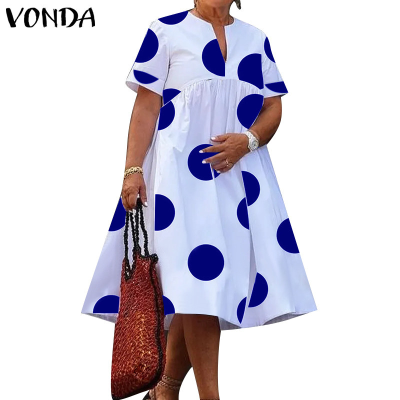 Vonda ชุดเดรสแขนสั้นคอกลมหรูหราสําหรับผู้หญิงวินเทจ