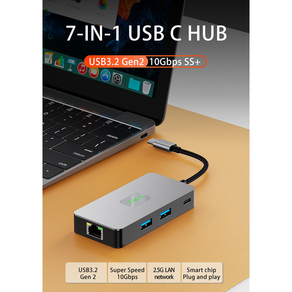 BENOSEM 2.5G LAN USB C HUB 7-in-1 Type-C ถึง USB 3.2 Gen2 Dock USB-C ถึง HDMI 4K/60Hz อะแดปเตอร์ TF 