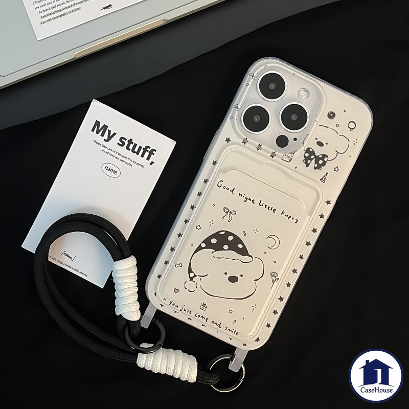 เคสใส่บัตร Simple Bear Good Night พร้อมสายคล้อง เข้ากันได้กับ IPhone XR 7 Plus 13 11 15 16 14 12 Pro Max X XS Max 12 Pro