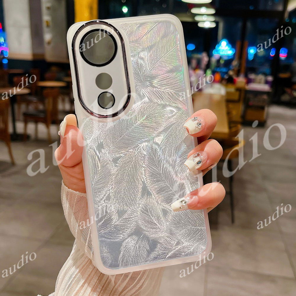 Vivo V40 Pro 5G เลเซอร์ Feather Glitter เคสโทรศัพท์สําหรับ Vivo V40 Pro V40Pro 5G พร้อมเลนส์กล้องเต็มรูปแบบป้องกันฟิล์มโปร่งใส Feather เคสโทรศัพท์สําหรับ VivoV40 Pro 5G ปกหลัง