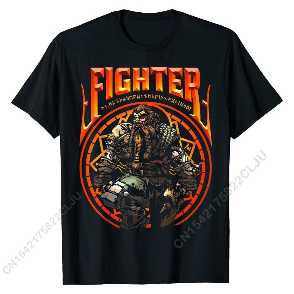Dwarven Fighter สุดยอด RPG คอสเพลย์เล่นตามบทบาท Gamer เสื้อยืดติดตั้งผู้ชายเสื้อยืดเสื้อลําลองเสื้อผ