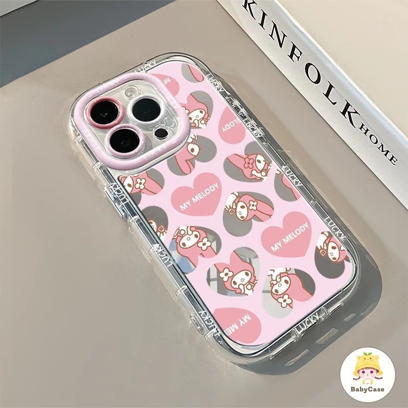 สีชมพูหัวใจรักเมโลดี้น่ารัก สร้อยข้อมือกระจกแต่งหน้า เคสIPhone 16 11 15 13 14 12 Pro Max 14 7 15 8 Plus XR X XS Max SE