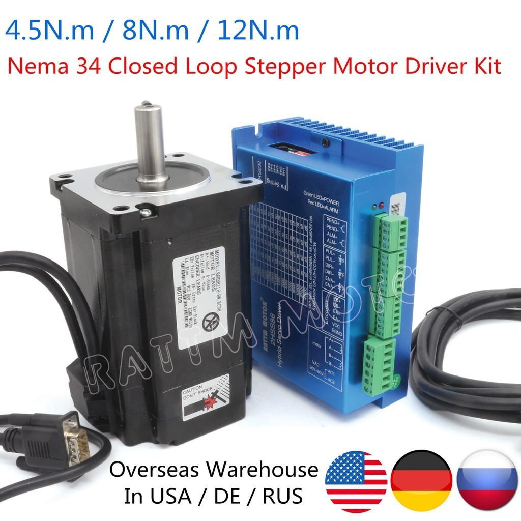 USA Free4.5N.m/8N.m/12N.m Kit Nema 34 Closed Loop Stepper Motor 2-Phase & 2HSS86 Hybrid Servo Driver