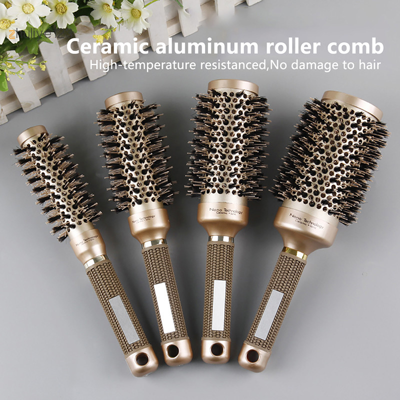 <zhuliye123> Professional Thermal Ceramic Ionic Round Barrel Anti Slip Handle Gold Hair Brush Nice