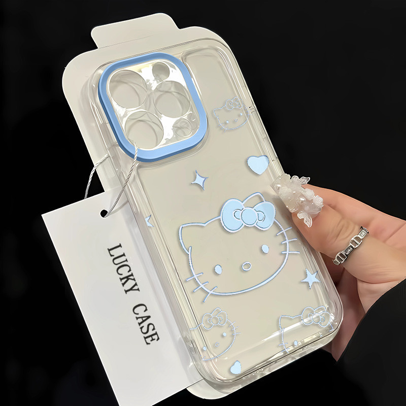 Blue Line การ์ตูน Hello Kitty เคสโทรศัพท์สําหรับ IPhone 15 11 14 12 13 Pro Max X XR XS Max 7/8 Plus Se2020 นุ่มป้องกันเคสโทรศัพท์ระดับไฮเอนด์