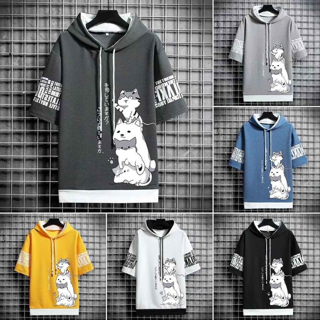 【จัดส่งภายใน 48 ชม】 Maisida เวอร์ชั่นเกาหลีเสื้อยืดคอกลมลายแมวแขนสั้นเสื้อยืดขนาดใหญ่สันทนาการผู้ชายฤดูร้อนและฤดูใบไม้ร่วง เสื้อยืดแขนสั้นมีฮู้ดผู้ชาย
