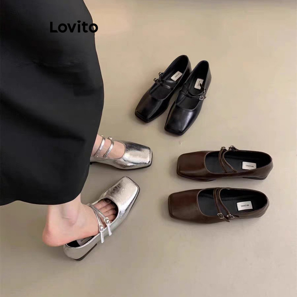 Lovito รองเท้าแมรี่เจนผู้หญิง ส้นแบน พื้นนิ่ม แต่งบักเกิล สีพื้น สไตล์ลำลอง LFA43660