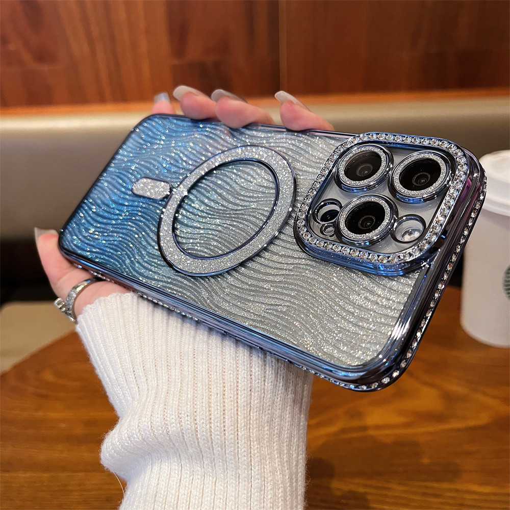 หรูหราแฟลชเพชรเคสโทรศัพท์แม่เหล็กสําหรับiphone 11 12 13 14 15 16 Pro Max 15 Plusเลนส์ป้องกันกล้องกันกระแทกTPU soft Caseเคสโทรศัพท์ป้องกัน