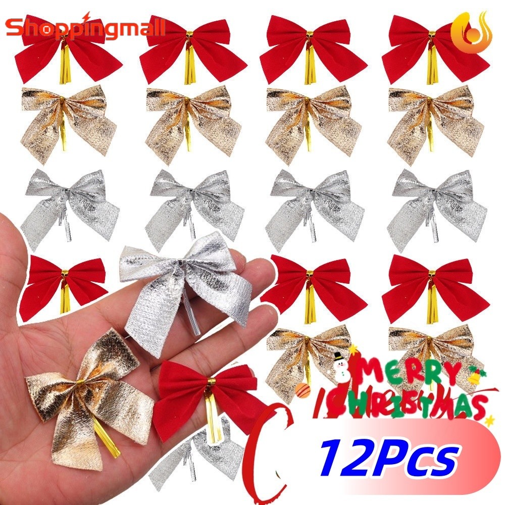 12 ชิ้น/แพ็คต้นคริสต์มาส Simple Bow เครื่องประดับ - Mini Red Gold Silver Bowknot Xmas ของขวัญกล่องตกแต่ง Props Party Supplies