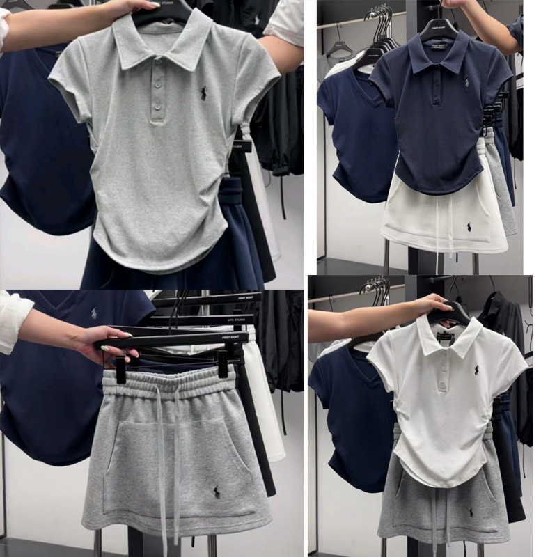 ชุดแฟชั่นลําลองผู้หญิงเสื้อโปโลแขนสั้นเสื้อยืดฤดูร้อนกระโปรงสั้นชุดสองชิ้น