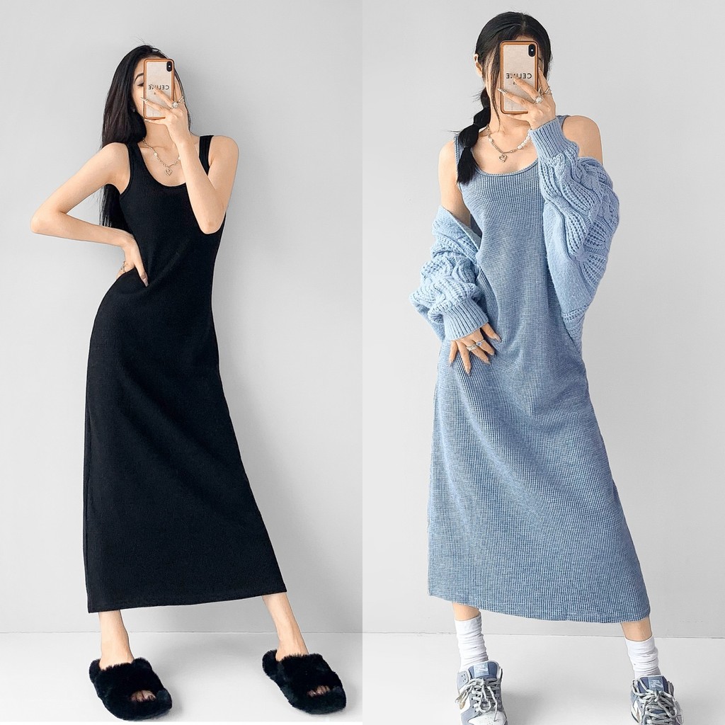Luna shop ชุดเดรสแขนกุดผ้าวาฟเฟิลสไตล์สาวฮอตยุโรปและอเมริกา ชุดเดรสยาวพื้นฐานทรงหลวมสำหรับผู้หญิงในช่วงฤดูร้อน
