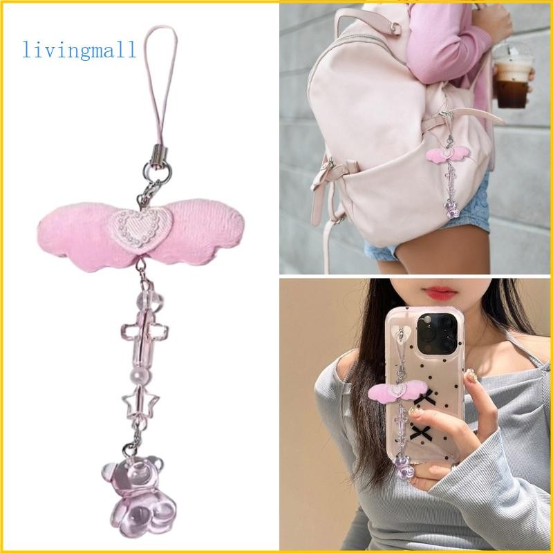 Livi Stylish Angel Wing Phone Charm Sweet Bowknot Heart Beaded Phone Chain สําหรับผู้หญิง