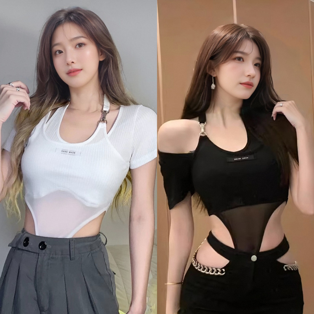 ชุดบอดี้สูทเสื้อครอปแต่งเว้าเอว เซ็กซี่สุดๆ เหมาะกับลุคชิคๆ แขนสั้นดีไซน์โดดเด่น
