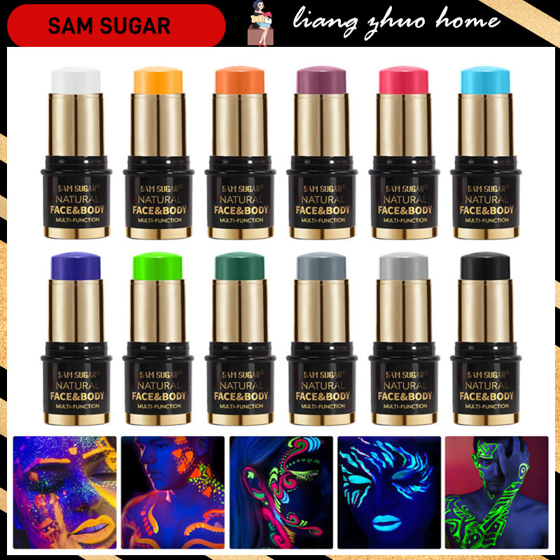 Sam SUGAR 1 PC ฮาโลวีน Face Body Painting Stick ครีมกันน้ํา UV Light Neon สีม่วง สีชมพู สีเขียว สีดํา สีขาว Party Art แต่งหน้า