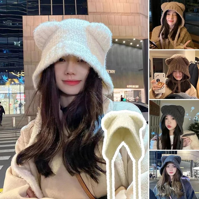 ฤดูหนาวผู้หญิงป้องกันหูหมวกน่ารักหมีสาวปิดหูกันหนาวหมวกหนาตุ๊กตาอบอุ่นสีทึบเนื้อแกะขนแกะ หมวกไหมพรม